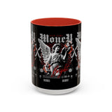 Money Bright Angel Accent Coffee Mug 11oz 15oz Gothic Statue Black Ceramic Cup with Red Flames and Cash Design for Hustlers