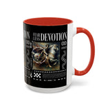 Fearless Devotion Accent Coffee Mug 11oz 15oz Black Ceramic Cup with Warrior on Horse Artwork for Courage Loyalty and Strength Lovers