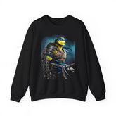 Urban Warrior Samurai Heavy Fleece Crewneck Sweatshirt Blue Energy Armor Design Bold Fighter Strength Streetwear for Fearless Achievers and Mindset Champions