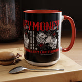 Money Ambition Accent Coffee Mug 11oz 15oz Black Ceramic Cup with Bold Red Typography and Cash Stack Design for Entrepreneurs and Hustlers
