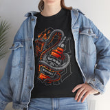 Inferno Spirit Fiery Dragon Whiskey Bottle Unisex Heavy Cotton Tee Bold Biker Streetwear Artistic Snake Flame Design Symbol of Power Energy and Rebellion Graphic Shirt