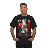 Haunted Warrior Unisex Heavy Cotton Tee Graphic Black T Shirt Bold Red Samurai Ninja Inspired Futuristic Streetwear Artistic Fashion Outfit