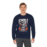 Humble Angel Statue Unisex Heavy Blend Crewneck Sweatshirt Graphic Pullover Streetwear Fire Print Bold Motivational Urban Fashion Outfit