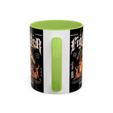 Fighter Accent Coffee Mug 11oz 15oz Black Ceramic Cup with Greek Warrior Statue and Flames Design for Hustlers and Motivated Minds