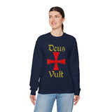 Unisex Deus Vult Crewneck Sweatshirt Medieval Crusader Cross Heavy Blend Fleece Pullover Warrior Knight Inspired Vintage Christian Symbol Streetwear