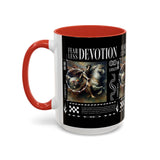 Fearless Devotion Accent Coffee Mug 11oz 15oz Black Ceramic Cup with Warrior on Horse Artwork for Courage Loyalty and Strength Lovers