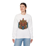 Unisex Mythical Tribal Mask Crewneck Sweatshirt Heavy Blend Pullover Cultural Warrior Spirit Inspired Festival Graphic Art Streetwear Top
