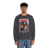 Mystic Mask Flames Graphic Unisex Heavy Blend Crewneck Sweatshirt Hustler Streetwear Motivational Dark Mystery Bold Fire Design