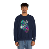 Seahorse Knight Neon Warrior Unisex Heavy Blend Crewneck Sweatshirt Vibrant Cyberpunk Fantasy Streetwear Pullover Futuristic Oceanic Armor Design For Gamers Creators Dreamers And Art Lovers