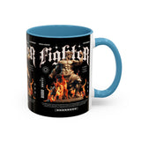 Fighter Accent Coffee Mug 11oz 15oz Black Ceramic Cup with Greek Warrior Statue and Flames Design for Hustlers and Motivated Minds