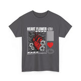 Heart Flower Graphic Unisex Heavy Cotton Tee Comfortable Streetwear T Shirt Bold Red and Black Floral Heart Design Symbol of Love Strength and Vitality Perfect Gift for Friends Birthdays and Casual Everyday Wear