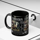 Fearless Devotion Accent Coffee Mug 11oz 15oz Black Ceramic Cup with Warrior on Horse Artwork for Courage Loyalty and Strength Lovers