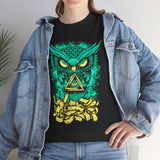 The Watcher Owl All Seeing Wisdom Unisex Heavy Cotton Tee Futuristic Mystic Streetwear T Shirt With Geometric Owl Symbol Neon Glow Artistic Design For Thinkers Visionaries And Night Owls