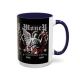 Money Bright Angel Accent Coffee Mug 11oz 15oz Gothic Statue Black Ceramic Cup with Red Flames and Cash Design for Hustlers