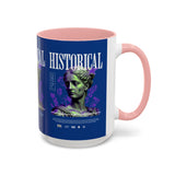 Historical Accent Coffee Mug 11oz 15oz Black Ceramic Cup with Greek Goddess Statue and Purple Floral Design for Art and History Lovers