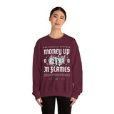 Money Up In Flames Unisex Heavy Blend Crewneck Sweatshirt Graphic Pullover Black Hustler Fire Money Design Bold Streetwear Entrepreneur Alpha Mindset Wealth Fashion