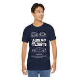 White Mid Engine Sports Coupe Blueprint Artwork Unisex Heavy Cotton Tee High Performance Inspired Streetwear Graphic Shirt For Car Enthusiasts And Automotive Art Fans