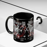 Money Bright Angel Accent Coffee Mug 11oz 15oz Gothic Statue Black Ceramic Cup with Red Flames and Cash Design for Hustlers