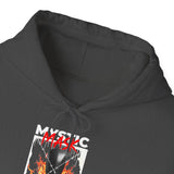 Mystic Mask Flames Graphic Unisex Heavy Blend Hoodie Hustler Streetwear Motivational Dark Mystery Bold Fire Design