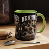 Hermes Accent Coffee Mug 11oz 15oz Black Ceramic Mythology Cup with Greek God Winged Statue Design for History Lovers and Art Enthusiasts