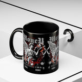 Money Bright Accent Coffee Mug 11oz 15oz Black Ceramic Gothic Angel Statue Design with Red Neon Artwork for Hustlers and Bold Thinkers