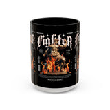 Fighter Accent Coffee Mug 11oz 15oz Black Ceramic Cup with Greek Warrior Statue and Flames Design for Hustlers and Motivated Minds