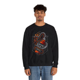 Inferno Spirit Fiery Dragon Whiskey Bottle Unisex Heavy Blend Crewneck Sweatshirt Bold Artistic Streetwear Tattoo Flame Design Symbol of Power Energy and Rebellion for Bikers and Creators