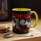 Money Ambition Accent Coffee Mug 11oz 15oz Black Ceramic Cup with Bold Red Typography and Cash Stack Design for Entrepreneurs and Hustlers