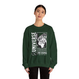 Universe Beyond The Cosmos Unisex Heavy Blend Crewneck Sweatshirt Graphic Pullover Black Skeleton Hand Space Infinity Streetwear Futuristic Sci Fi Artistic Fashion Outfit
