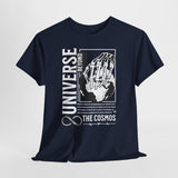 Universe Beyond The Cosmos Unisex Heavy Cotton Tee Graphic Black T Shirt Skeleton Hand Space Infinity Streetwear Futuristic Sci Fi Artistic Fashion Outfit