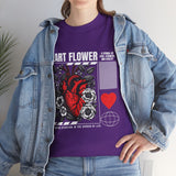 Heart Flower Graphic Unisex Heavy Cotton Tee Comfortable Streetwear T Shirt Bold Red and Black Floral Heart Design Symbol of Love Strength and Vitality Perfect Gift for Friends Birthdays and Casual Everyday Wear