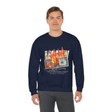 Money Is Not Just Currency Burning Dollar Graphic Unisex Heavy Blend Crewneck Sweatshirt Hustler Streetwear Motivational Cash Fire Design