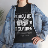 Money Up In Flames Unisex Heavy Cotton Tee Graphic T Shirt Black Streetwear Bold Money Graphic Fire Design Hustler Entrepreneur Alpha Mindset Wealth Fashion