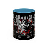 Money Bright Angel Accent Coffee Mug 11oz 15oz Gothic Statue Black Ceramic Cup with Red Flames and Cash Design for Hustlers