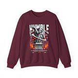 Humble Angel Statue Unisex Heavy Blend Crewneck Sweatshirt Graphic Pullover Streetwear Fire Print Bold Motivational Urban Fashion Outfit