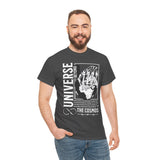 Universe Beyond The Cosmos Unisex Heavy Cotton Tee Graphic Black T Shirt Skeleton Hand Space Infinity Streetwear Futuristic Sci Fi Artistic Fashion Outfit