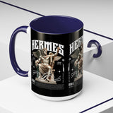 Hermes Accent Coffee Mug 11oz 15oz Black Ceramic Mythology Cup with Greek God Winged Statue Design for History Lovers and Art Enthusiasts