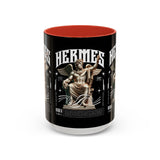 Hermes Accent Coffee Mug 11oz 15oz Black Ceramic Mythology Cup with Greek God Winged Statue Design for History Lovers and Art Enthusiasts
