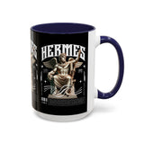 Hermes Accent Coffee Mug 11oz 15oz Black Ceramic Mythology Cup with Greek God Winged Statue Design for History Lovers and Art Enthusiasts