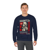 Haunted Warrior Unisex Heavy Blend Crewneck Sweatshirt Graphic Pullover Black Samurai Ninja Fighter Bold Red Streetwear Futuristic Artistic Fashion Outfit