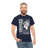 Universe Beyond The Cosmos Unisex Heavy Cotton Tee Graphic Black T Shirt Skeleton Hand Space Infinity Streetwear Futuristic Sci Fi Artistic Fashion Outfit