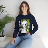 Not Alone Alien Unisex Crewneck Sweatshirt UFO Cartoon Graphic Pullover Extraterrestrial Sci Fi Space Themed Conspiracy Inspired Paranormal Streetwear