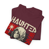 Haunted Warrior Unisex Heavy Cotton Tee Graphic Black T Shirt Bold Red Samurai Ninja Inspired Futuristic Streetwear Artistic Fashion Outfit