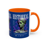 Historical Accent Coffee Mug 11oz 15oz Black Ceramic Cup with Greek Goddess Statue and Purple Floral Design for Art and History Lovers