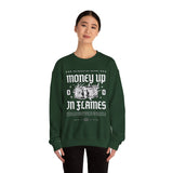 Money Up In Flames Unisex Heavy Blend Crewneck Sweatshirt Graphic Pullover Black Hustler Fire Money Design Bold Streetwear Entrepreneur Alpha Mindset Wealth Fashion