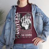 Universe Beyond The Cosmos Unisex Heavy Cotton Tee Graphic Black T Shirt Skeleton Hand Space Infinity Streetwear Futuristic Sci Fi Artistic Fashion Outfit