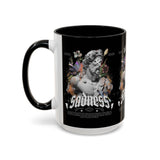 Sadness Statue Accent Coffee Mug 11oz 15oz Two Tone Ceramic Gothic Art Cup with Butterfly and Flame Design