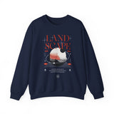 Landscape Unisex Heavy Blend Crewneck Sweatshirt Graphic Pullover Black Nature Inspired Abstract Mountain Outdoor Adventure Modern Streetwear Artistic Creative Fashion Outfit