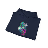 Seahorse Knight Neon Warrior Unisex Heavy Blend Hoodie Vibrant Cyberpunk Fantasy Streetwear Sweatshirt Futuristic Armor Design Perfect For Gamers Creators And Dreamers