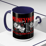Money Ambition Accent Coffee Mug 11oz 15oz Black Ceramic Cup with Bold Red Typography and Cash Stack Design for Entrepreneurs and Hustlers